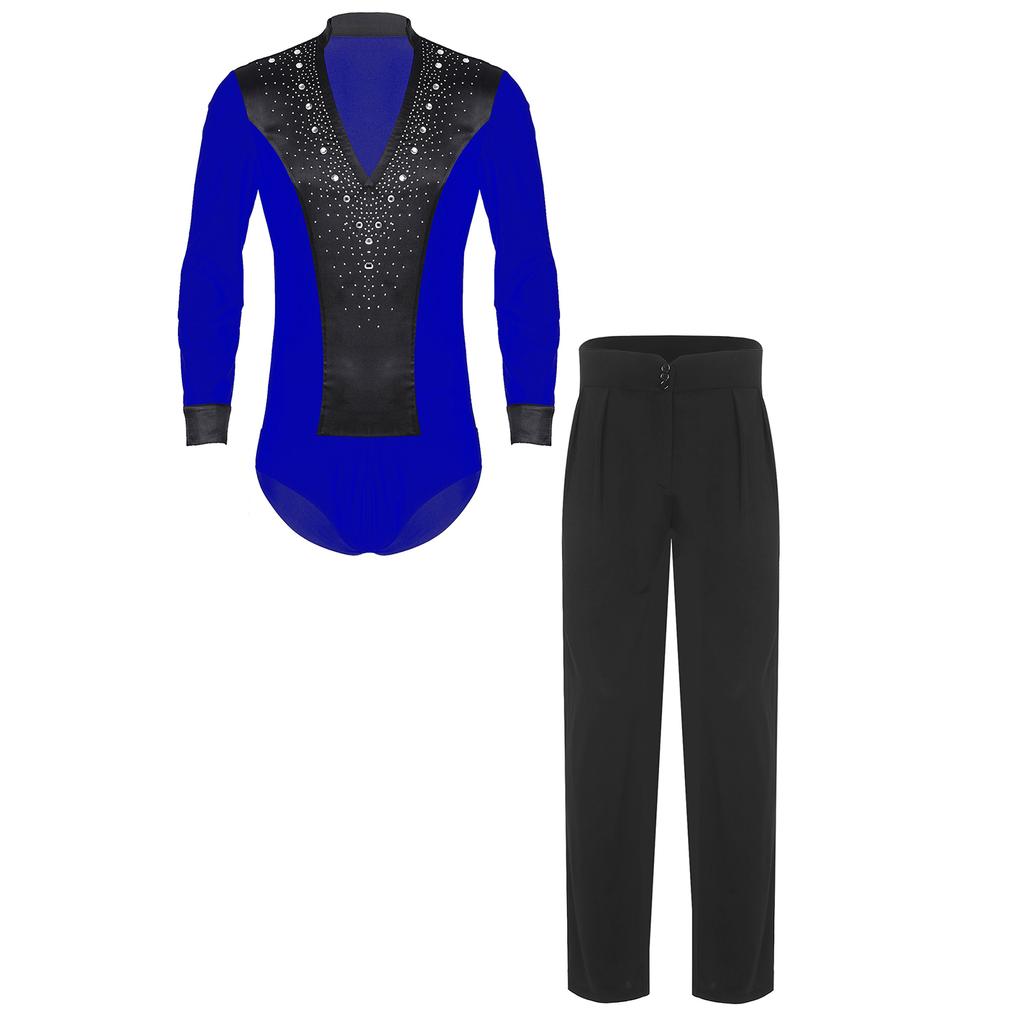 Mens Latin Dance Outfit V Neck Long Sleeve Rhinestone Bodysuit Satiny High Waist Straight Long Pants