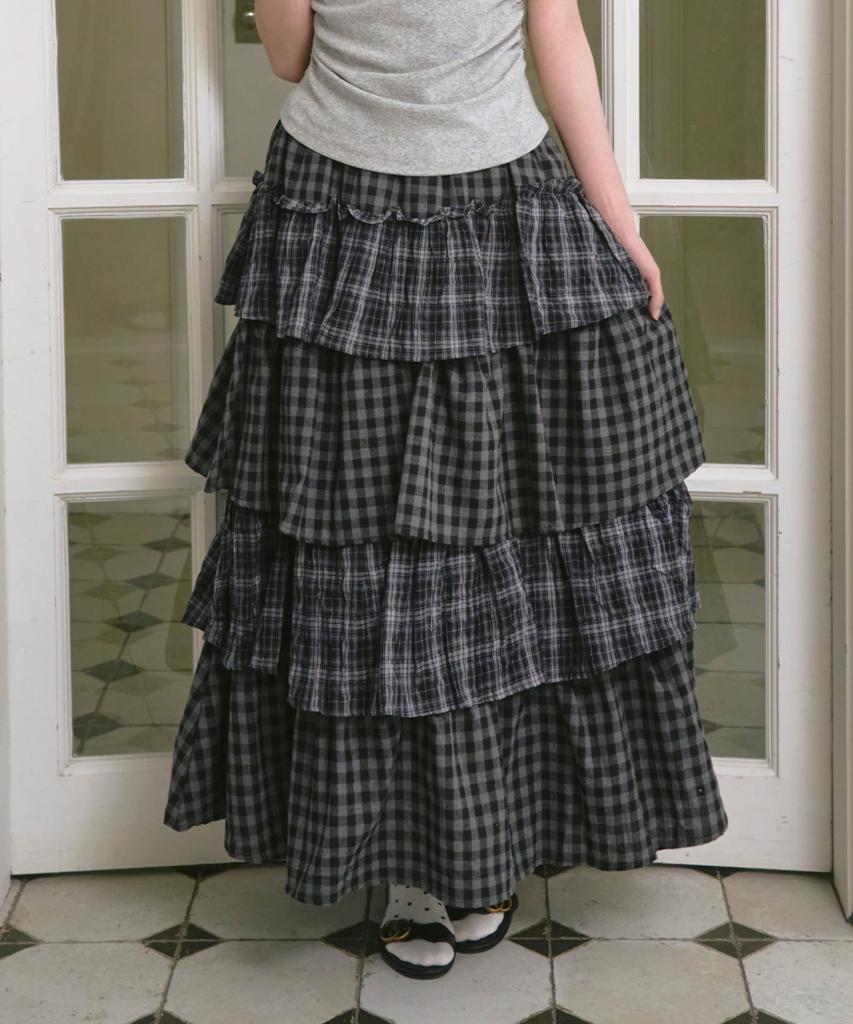 The Green Lab Tiered Long Skirt With Cancan Check [Charcoal Gray Check]