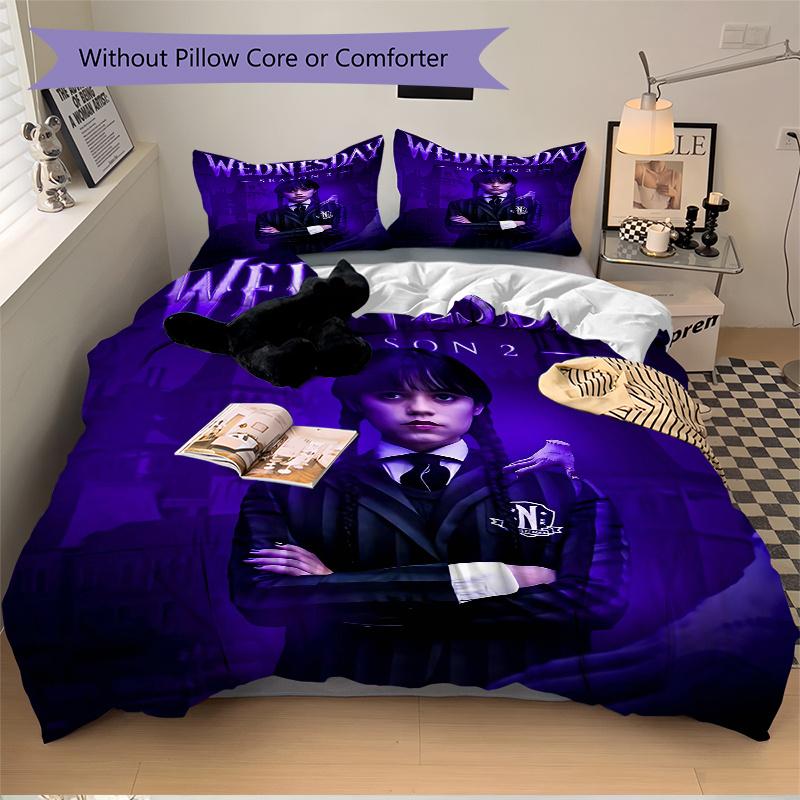 3pcs Wednesday Addams Printed Quilt Set - Includes 1 Quilt Cover and 2 Pillowcases, Machine Washable - Suitable for All Seasons.H101