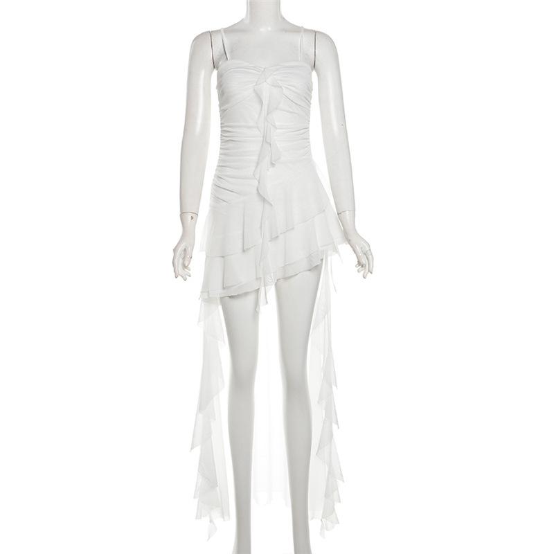 Y2K Irregular White Midi Dress Women Gothic Spaghetti Straps Ruffles Black Dresses Summer Korean Fairy Holiday Vestidos