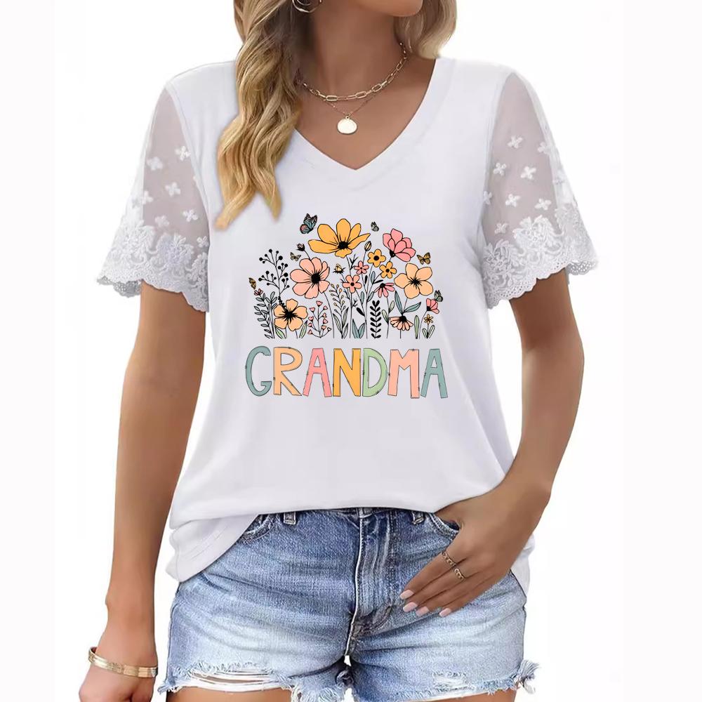 Новые поступления женской одежды больших размеров: Топ с короткими рукавами и V-образным вырезом, кружевными деталями и цветочным принтом на лето