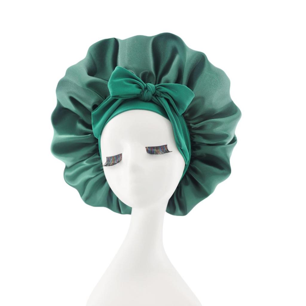 Silk Satin Sleep Cap with Ribbon Bow for Women - Elastic Wide Brim Bath Headscarf Hat for Hair Care