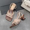 Fashion Square Head High Heel Temperament Roman Sandals Summer Hollow Thin Belt All Weave A Line Belt Women's Shoes