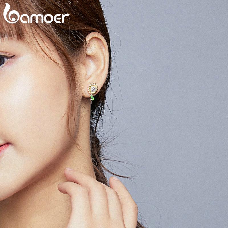 Женские серьги-гвоздики BAMOER из стерлингового серебра 925 пробы с подсолнухом, ювелирные изделия