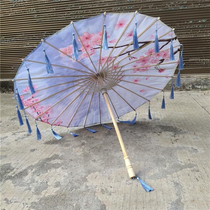 1PC with Tassel Classical Women's Umbrella for Hanfu Accessories Satin Cloth Photograph Props Fairy Ancient Parasol