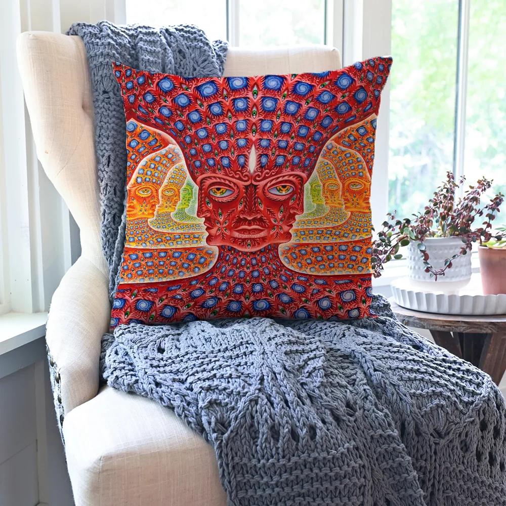 A- Alex Gray Trippy Psychedelic Pillow Case Square Pillow Bedroom Sofa Leisure Comfort Cushion Living Room Home Decoration 40X40