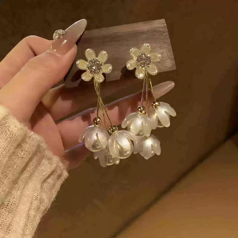 Pearl Tassel Earrings with Silver Needle & Floral Design – Medieval Vintage Style for Women