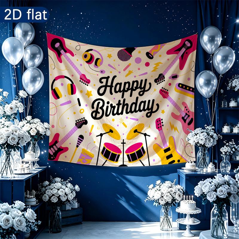 Birthday Gifts Musical Instruments Celebration Banner, Polyester Backdrop for Home Decor & Party Supplies