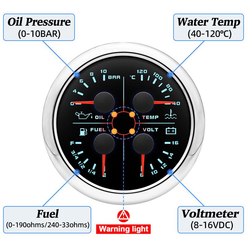 AD 85MM Multi-function 4 IN 1 Gauge Car Fuel Level 0-190 ohms Oil Pressure Water Temp Voltmeter 8-16V For Marine Boat 12V/24V