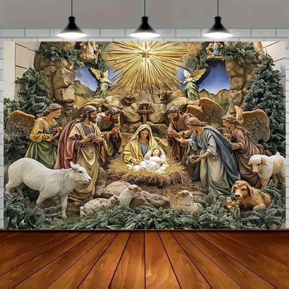 Christmas Nativity Scene Background Angels Shepherds and Starry Sky Suitable for Family Festival Party Shooting Prop Backdrop