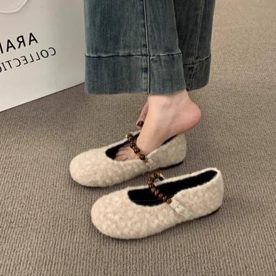 Французские туфли на плоской подошве, фея, ветер, шерсть ягненка, круглый носок, жемчуг, надпись, с пушистыми туфлями, женская обувь, осень и зима, новые хлопковые женские туфли