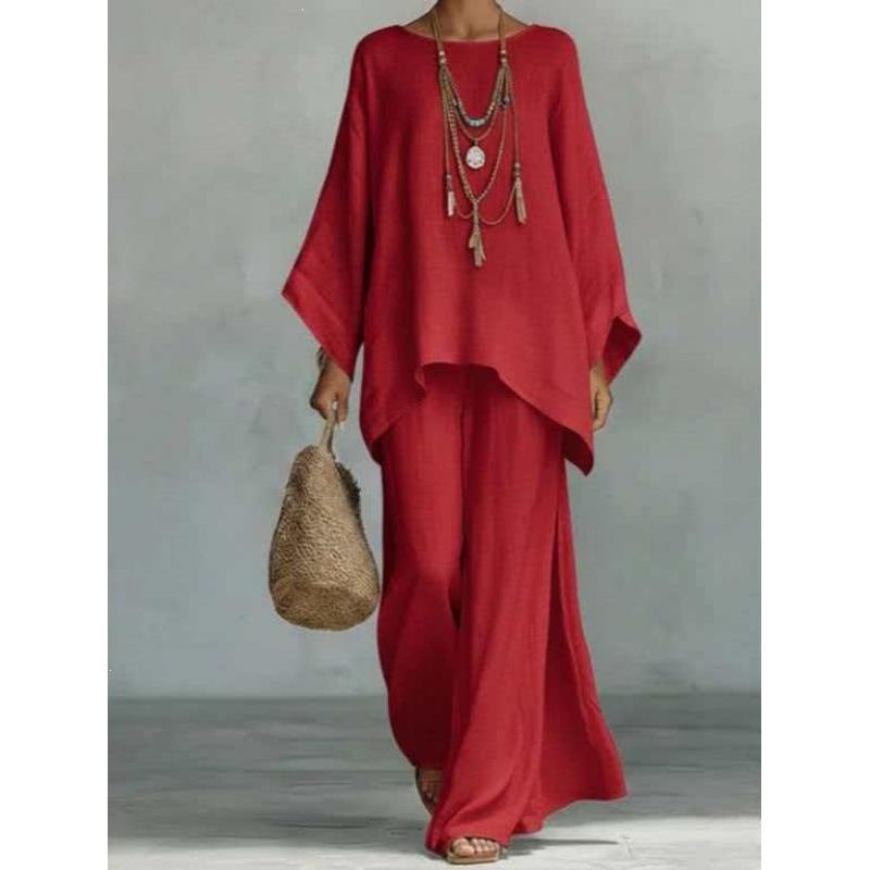 New 1116 European and American new women's elegant simple loose solid color shirt wide-leg pants set
