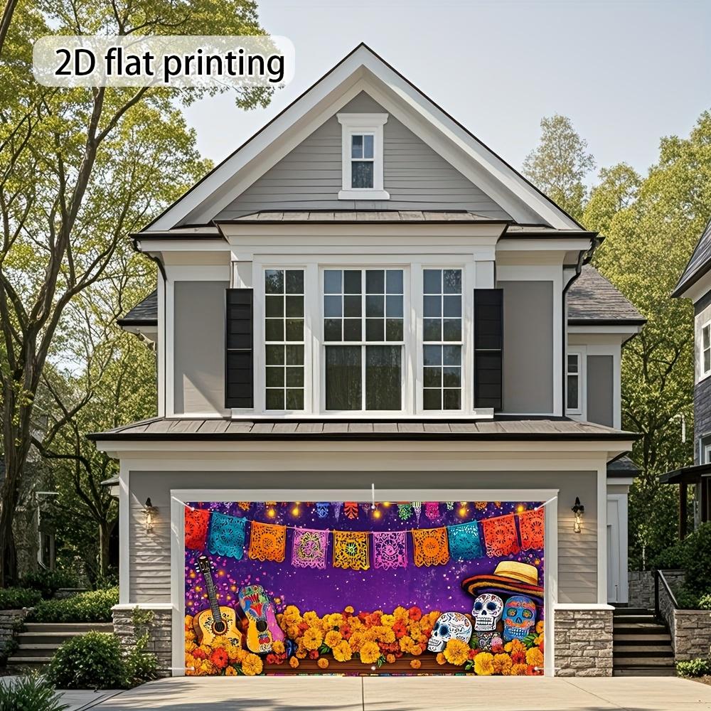 Death Garage Door Banner - Vibrant Mexican cultural decor, marigolds, guitars and skulls, durable outdoor materials