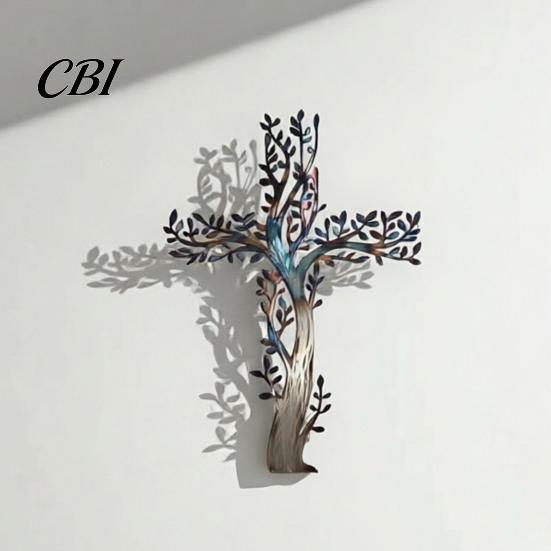 Gradient Color Metal Art Cross Wall Art, Tree of Life Hanging Crosses Of Decor Decor, for Garden Living Room Bedroom