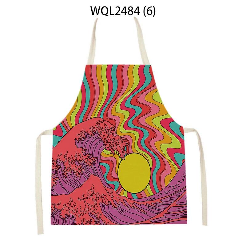 Japanese Style Kitchen Waves Sunrise Print Aprons for Women Linen Pinafore Bibs Household Cleaning Home Cooking Apron