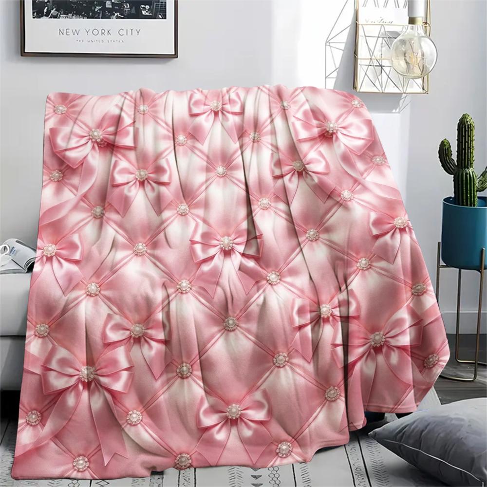1Pc Pink Bow Print Flannel Blanket, High quality Comfortable for All Seasons, Home Decor, Warmth and Comfort, Perfect for Christmas Gifts W29