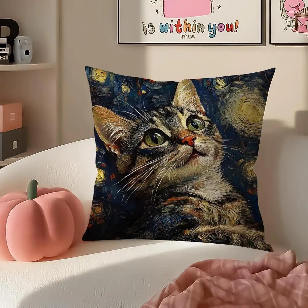 Подушка с принтом кота, масляная живопись, 2D, плоская печать, цветочные наволочки, персиковая кожа, весенняя наволочка, декор для дивана, дома, гостиной