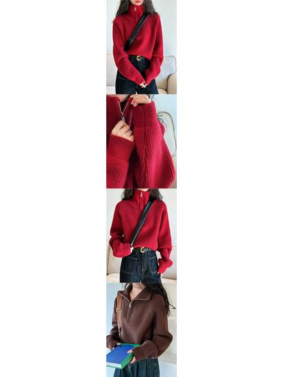 New Fashionable High Neck Zipper Knit Sweater – Loose Fit for Autumn/Winter