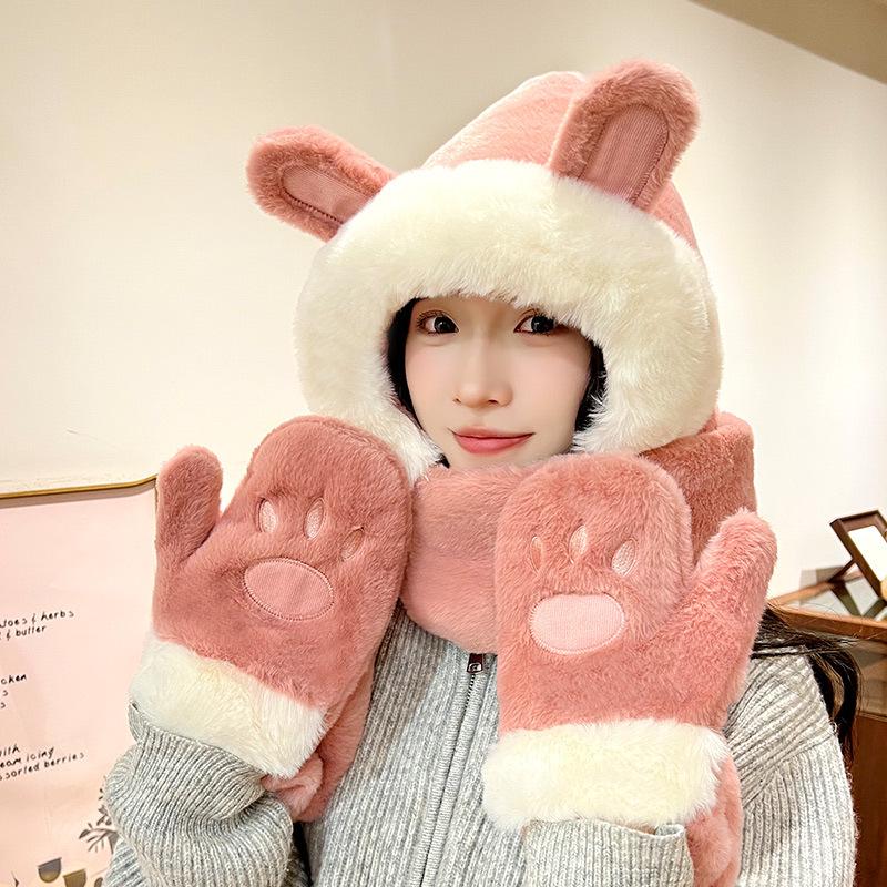 Women's Cozy Fox Ear Plush Hat with Integrated Scarf - Warm, Soft Lei Feng Design for Autumn and Winter. Perfect Ear Protection for Students.