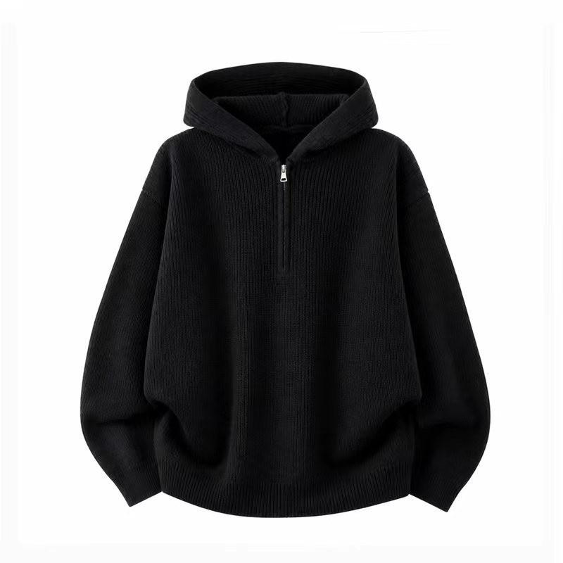 Unisex Oversized Hooded Sweater 2025 Casual Knit Pullover With Half Zip Gray Black Loose Fit Acrylic Blend
