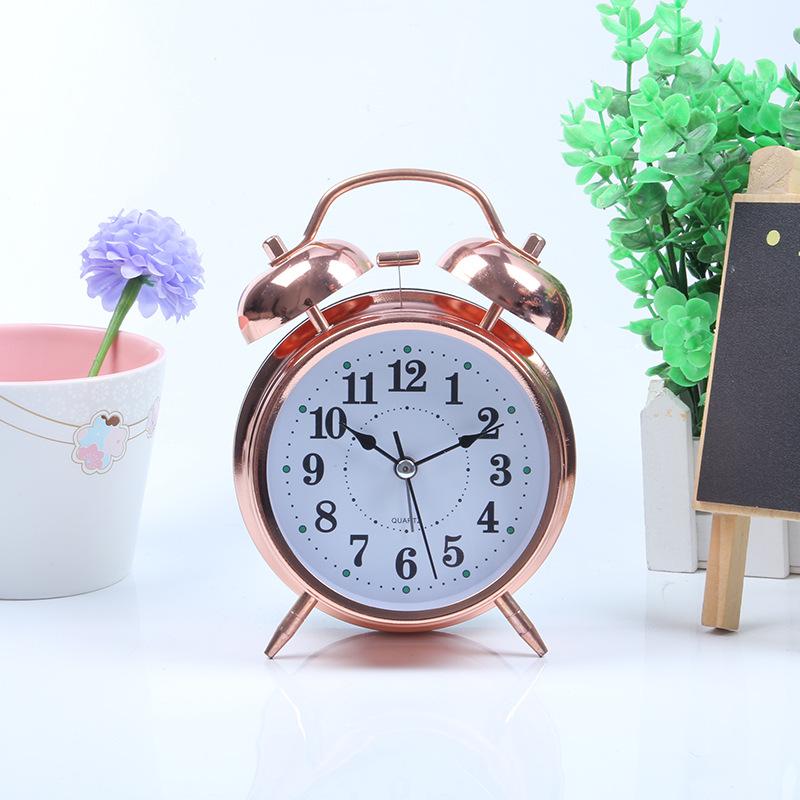 Direct supply 1 inch metal electroplating imitation gold rose gold alarm clock night light creative bell children's and students' desk clock