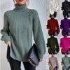 Autumn Winter Turtleneck Women Knitted Sweater New Fashion Long Sleeve Plus Size Split Pullover Sweaters Loose Casual Tops Solid Color Clothing 1681