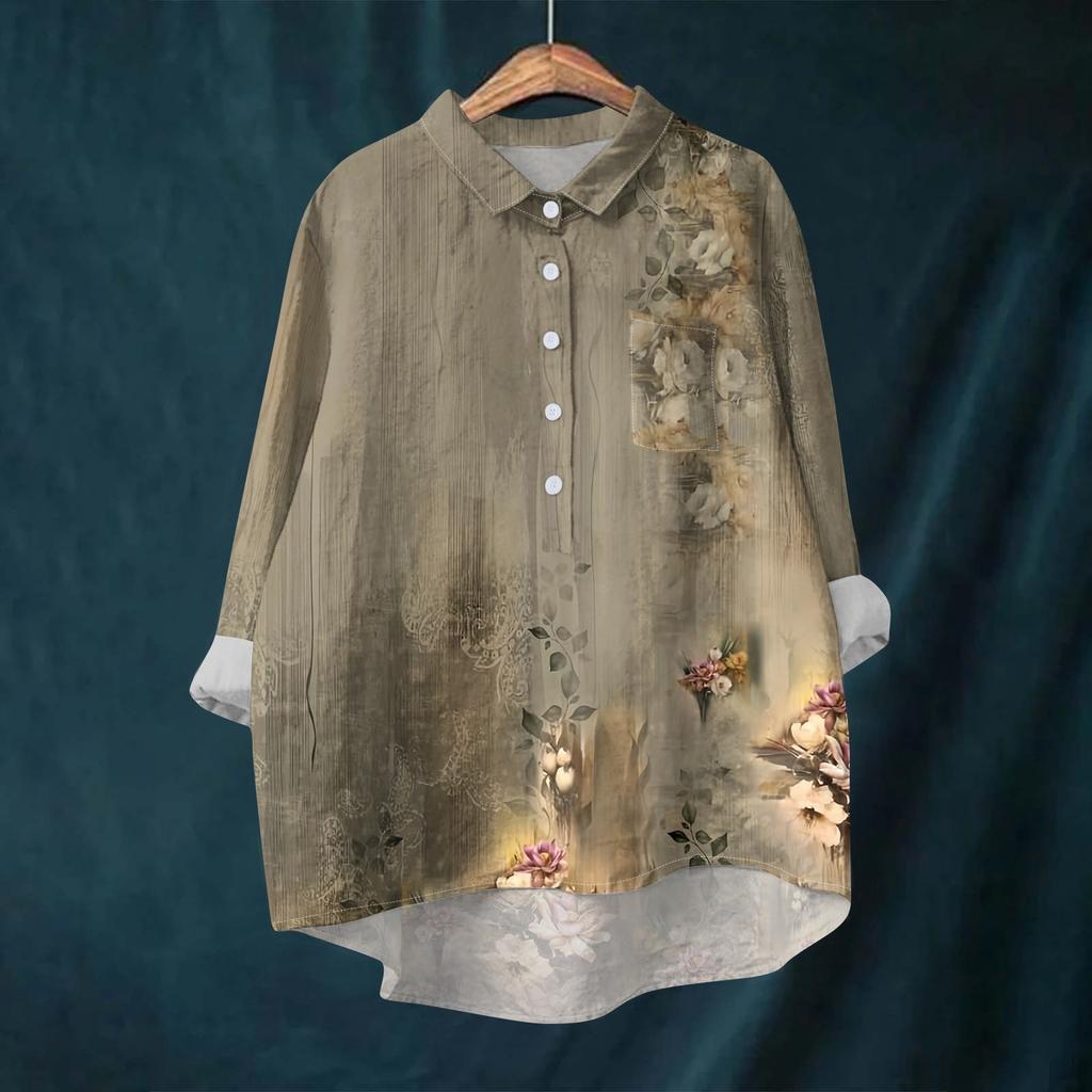 Women's Shirt Blouse Long-sleeved With Buttons Print Casual Hem Irregular Shirt Collar Top
