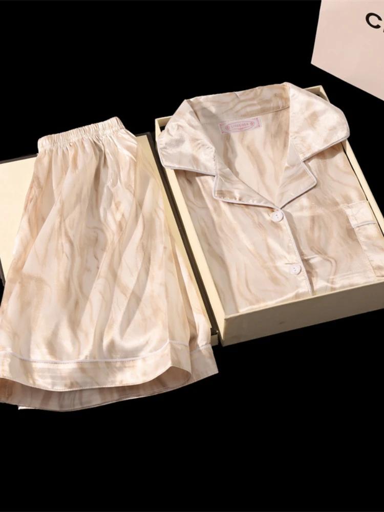 Пижамные комплекты из искусственного шелка для женщин, летняя прохладная милая одежда для сна, мягкая, удобная, с коротким рукавом, домашняя одежда, нежная, девичья, уютная, домашняя одежда