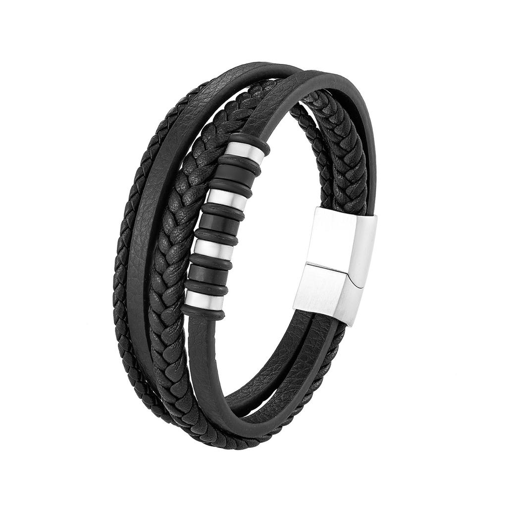 Плетеный кожаный браслет популярный мужской - регулируемый черный панк-стиль многослойный браслет для повседневной носки на вечеринку