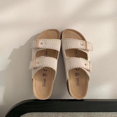 2024 Летние женские тапочки из пробки с двумя пряжками, сандалии из коровьей замши на плоской подошве для женщин, ретро-шитье, садовые мюли, сабо