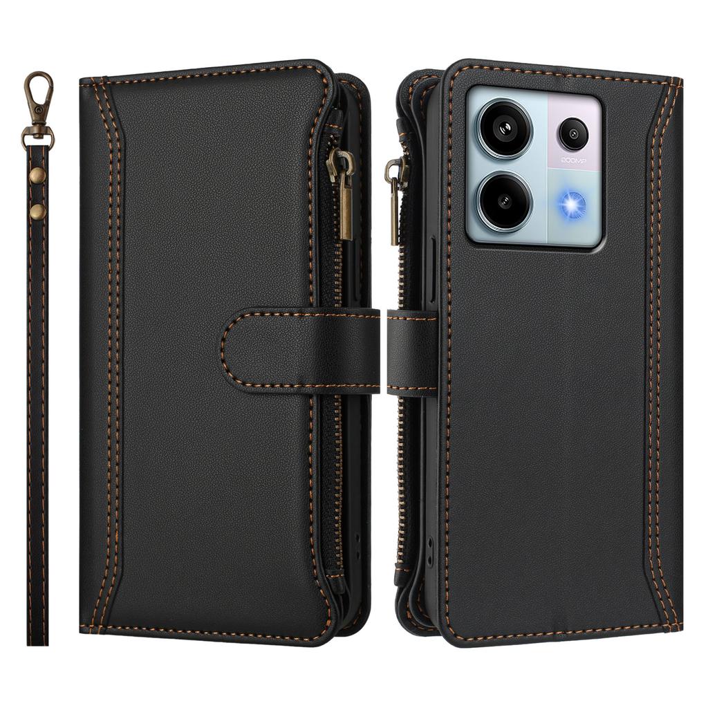 Кожаный чехол для Xiaomi Poco X6 5G/Xiaomi Redmi Note 13 Pro 5G, 9 отделений для карт, кошелек на молнии, подставка, чехол для телефона с ремешком на запястье