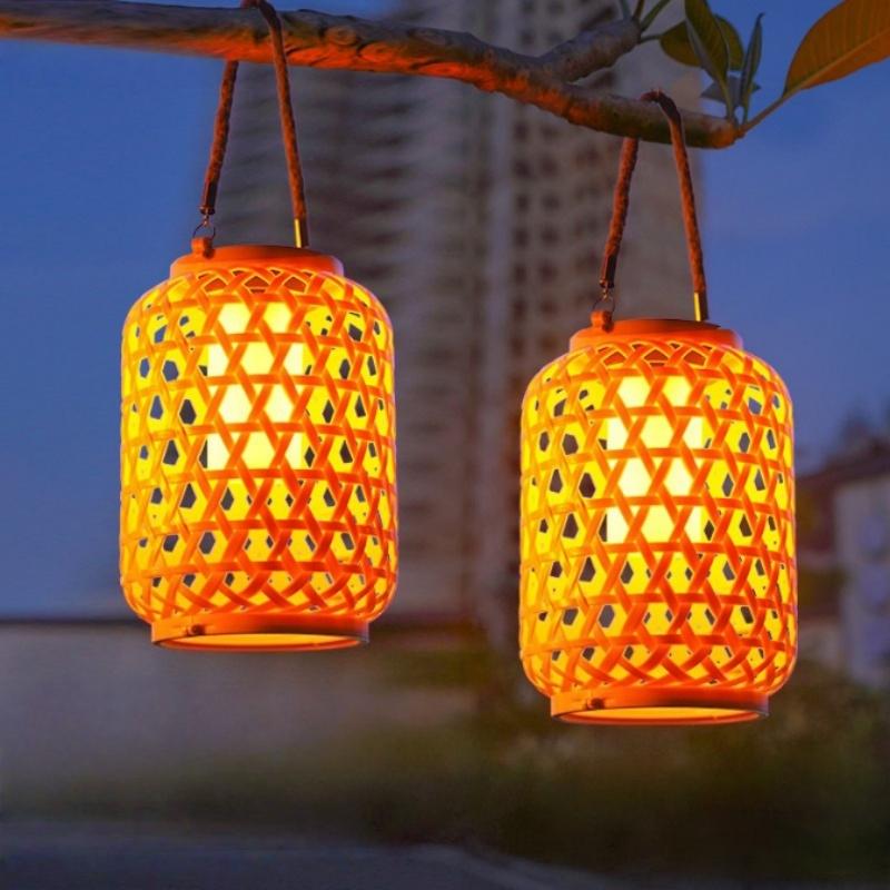 Solar Powered Rattan Lantern Chandelier Plastic Material Solar Wireless Rechargeable Nickel Battery Courtyard Garden Decoration
