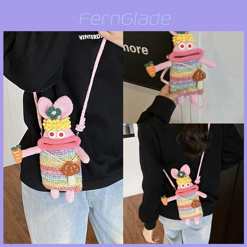 Ugly And Cute Rabbit Woven Crossbody Bag With Radish And Mushrooms For Daily Use