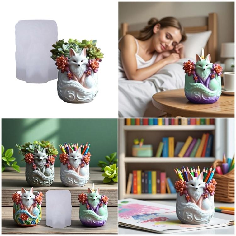 Многоразовая силиконовая форма с рельефным дизайном лис для литья смолы, цементных поделок и декоративных горшков для суккулентов