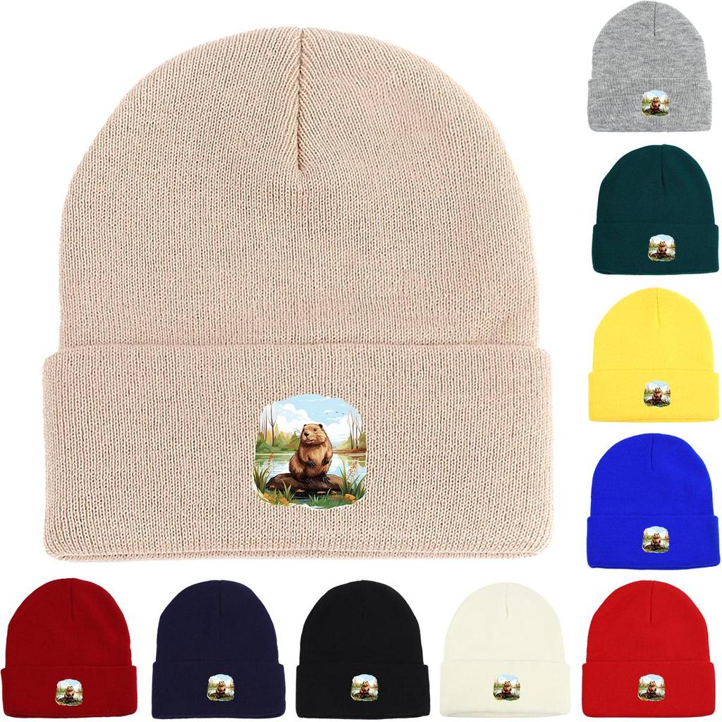 Hamster River Warm Knitted Hat Beanie, Animal Woman Cap Cozy Stretchy Leisure Gorro Knitted Cap Beanie