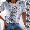 Women Summer T Shirt Trend Cat Print Retro Fashion Short Sleeve Tees Casual Printed Tops