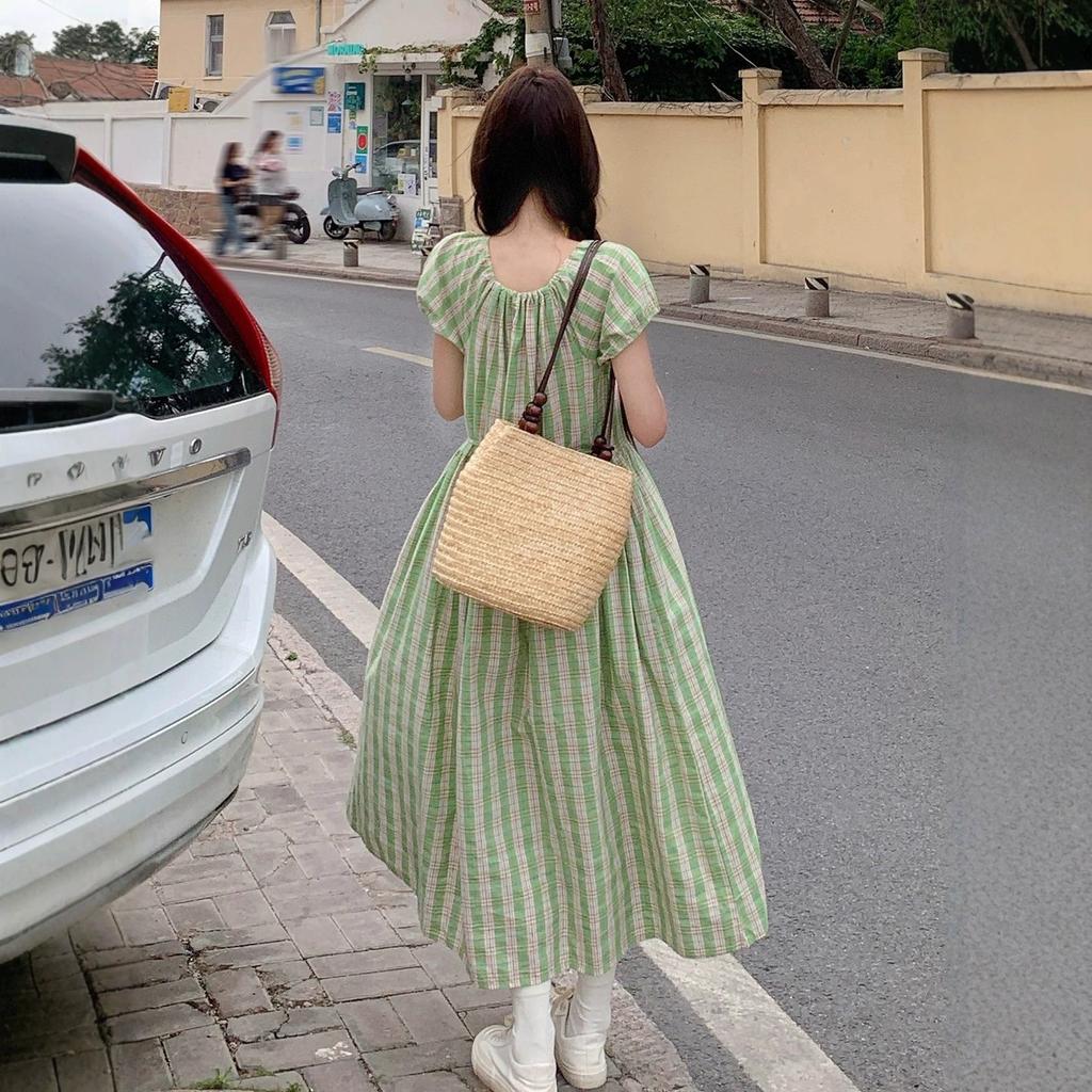 Винтажное японское платье в зеленую клетку на кулиске для женщин, Новая летняя мода, Утягивающее стройнящее платье средней длины
