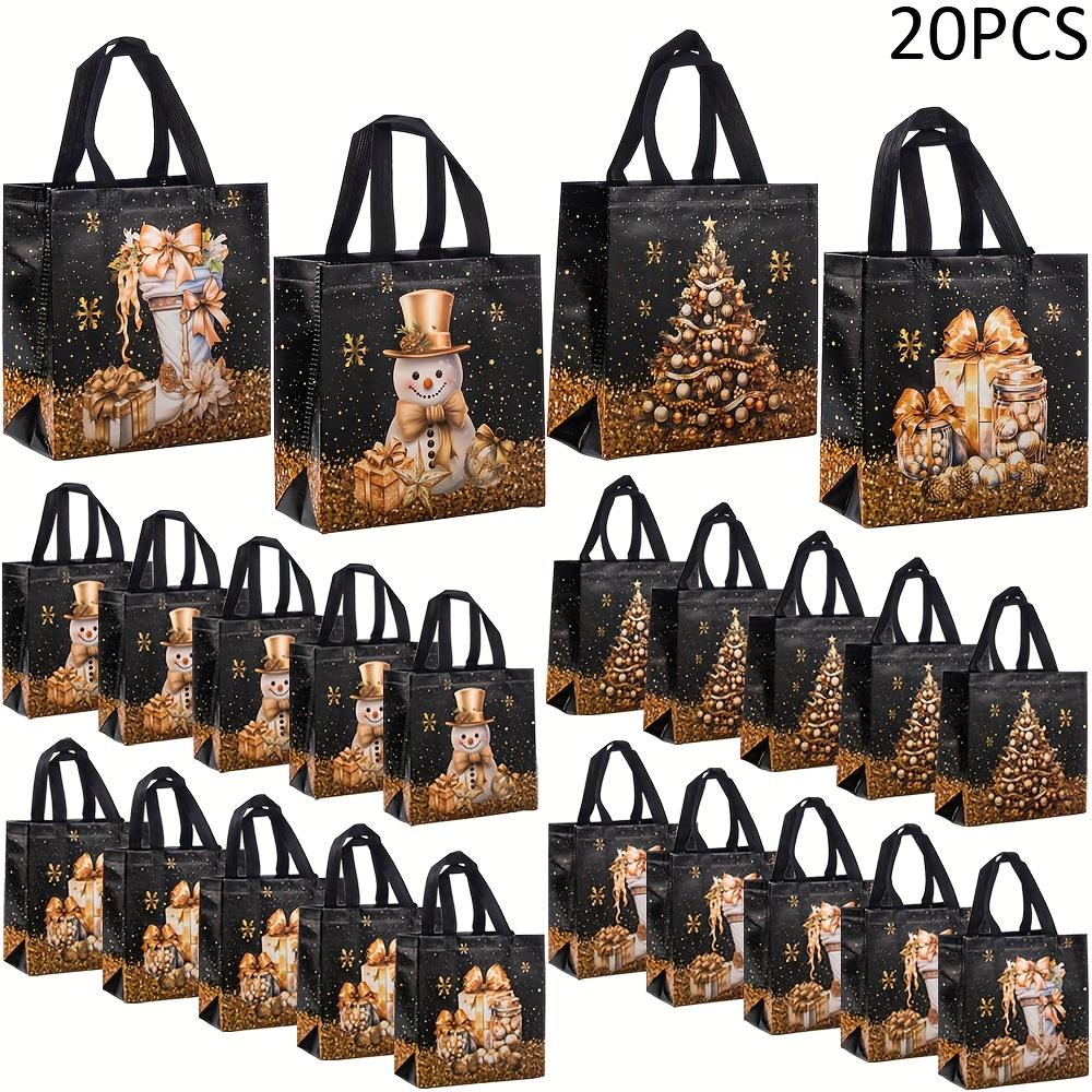 20pcs Festive Christmas Gift Bags - Snowman, Tree & Stocking Design, Black Handles, Non-Woven Tote Bags for Holiday Parties, Christmas Gift Bags