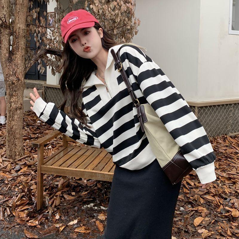 Повседневная полосатая толстовка с темно-синим воротником, женская осенняя корейская версия, дизайнерская свободная пуловерная рубашка большого размера с длинным рукавом, оригинальные женские топы