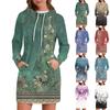 Women's Fall Flower Print Long Sleeve Tops Round Neck Patchwork Sweatshirt Casual Raglan Sleeve Hooded Dresses