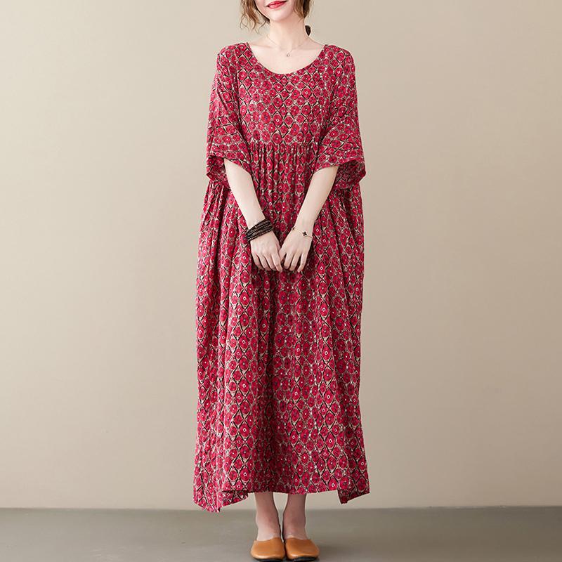 Johnature Женское платье с коротким рукавом и принтом, весна-лето, повседневное винтажное свободное платье с круглым вырезом, женские красные платья