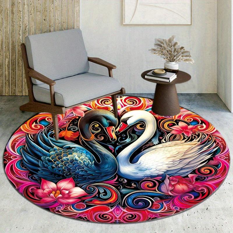 Black White Swan Round Rug Nonslip Area Rug Office Chair Mat Carpet Perfect For Bedroom Living Room Office Easy Clean Aesthetic Home Decor