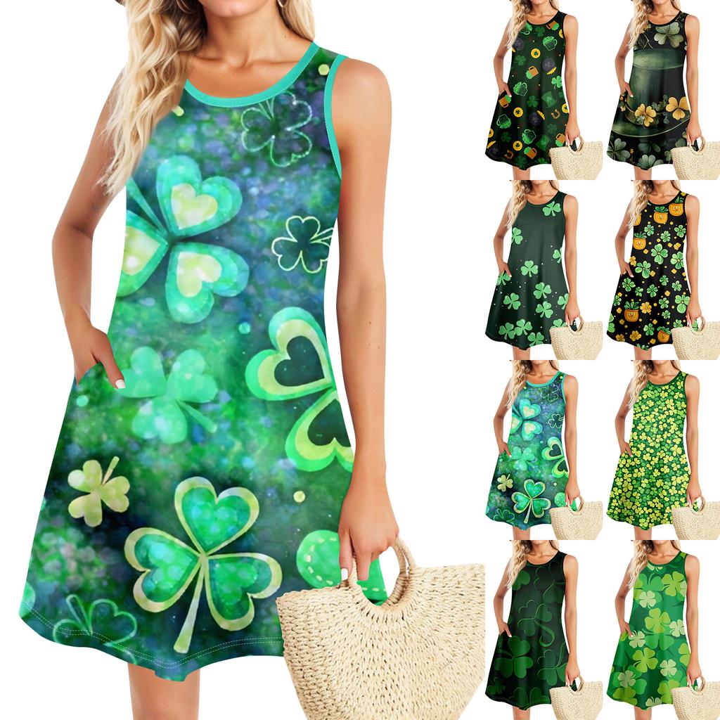 Summer Dresses For Women Beach Boho Sleeveless St. Patrick's Day Printing Flowy Pocket Tshirt Tank Sundresses