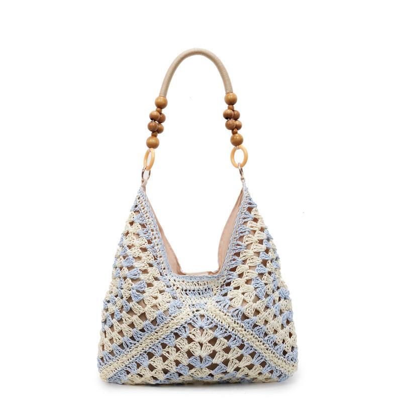 Woven Tote Bag For Women Summer Beach Fashion Large Capacity With Color Blocked Bead Decoration