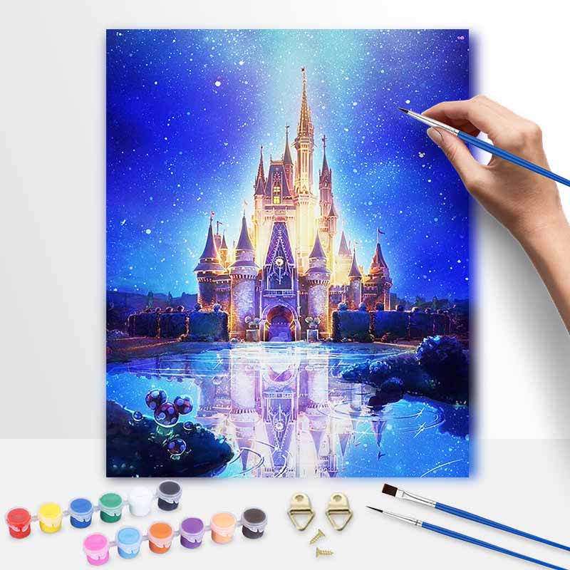 Disney Масляная живопись Сделай сам Цифровая живопись Волшебный Фэнтезийный Замок Ночной вид Ручная роспись Настенное искусство для гостиной и прихожей.