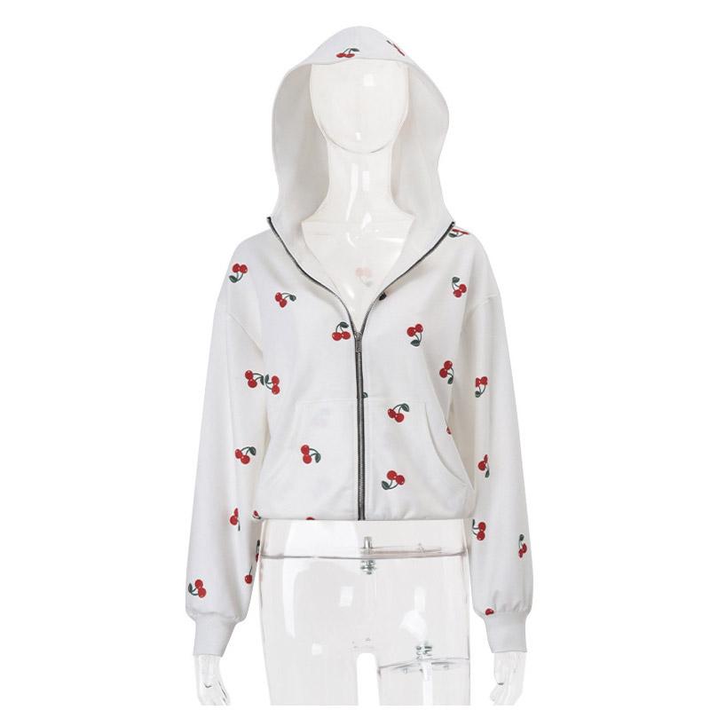 Женская модная белая толстовка с капюшоном с принтом вишни 2025 года, весна, женская свободная уличная толстовка с длинным рукавом и капюшоном на молнии