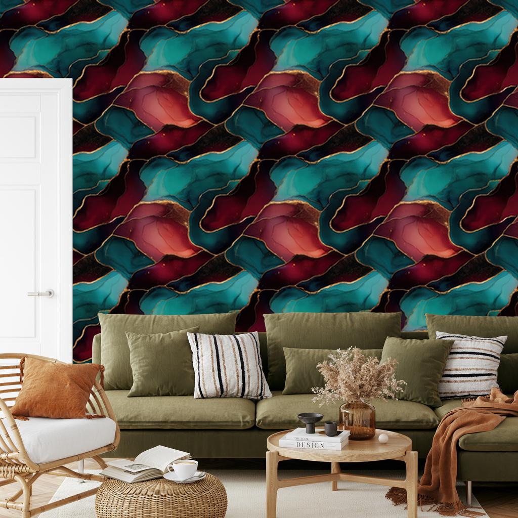 Ink Wallpaper Turquoise, Black and Burgundy for Living Room and Bedroom 50x1000