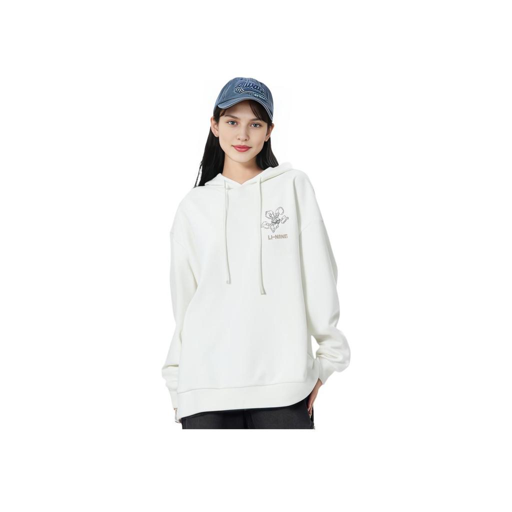 Li Ning Sports Lifestyle Series Mechanical Flower Print Loose Pullover Hoodie Women Hoodies Off-White AWDT906-3