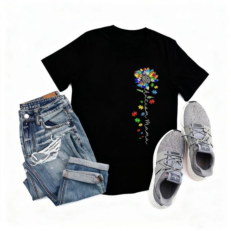 Autism Mama Sunflower Shirt Neurodiversity Awareness Crew Neck Short Sleeve Cotton Top All Seasons Casual Fashion Comfortable
