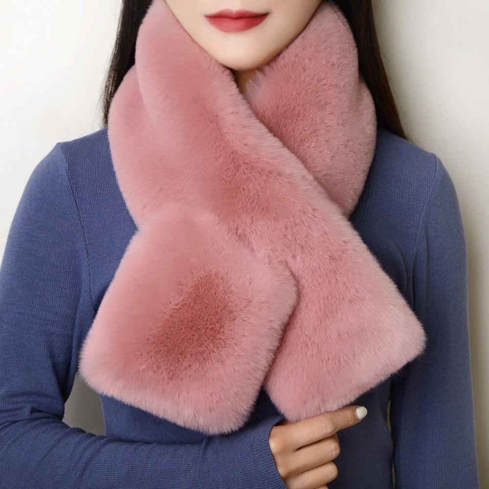 Women Winter Warm Faux Rabbit Fur Plush Neckerchief Wrap Solid Color Neck Warmer Cross Scarf